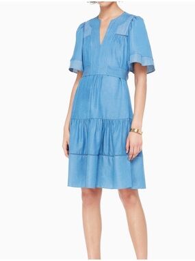 Kate Spade ♠️ Blue Chambray Tie back Tiered Ruffled Midi Dress